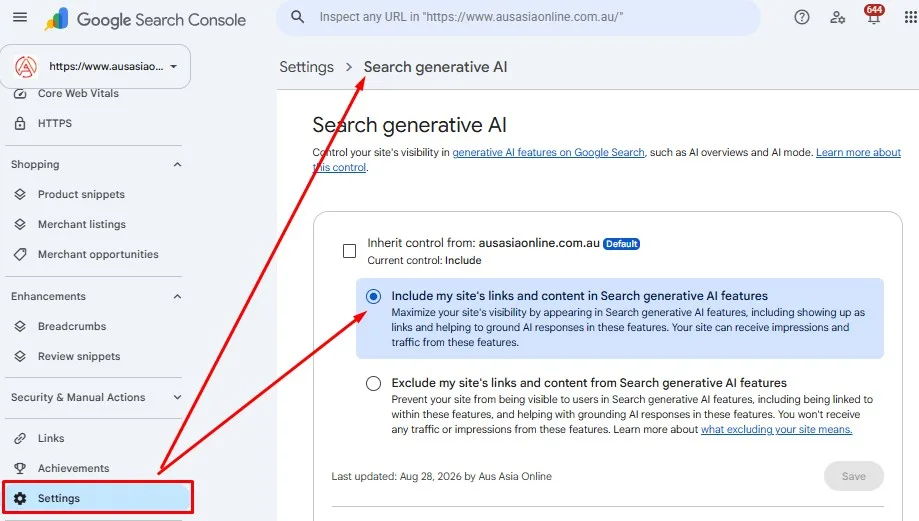 Search Console's Search generative AI control